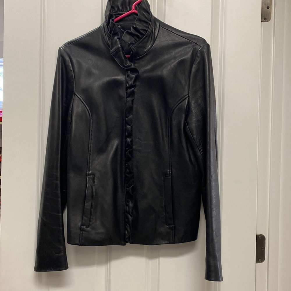 Ladies DKNY leather ruffle detail jacket